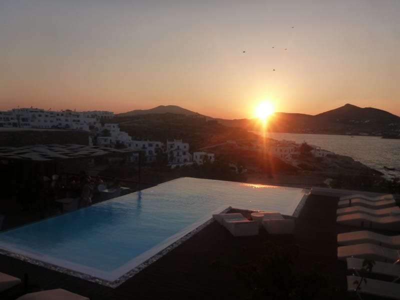 Infinity pool at Hotel Senia at sunset, Paros, Greece