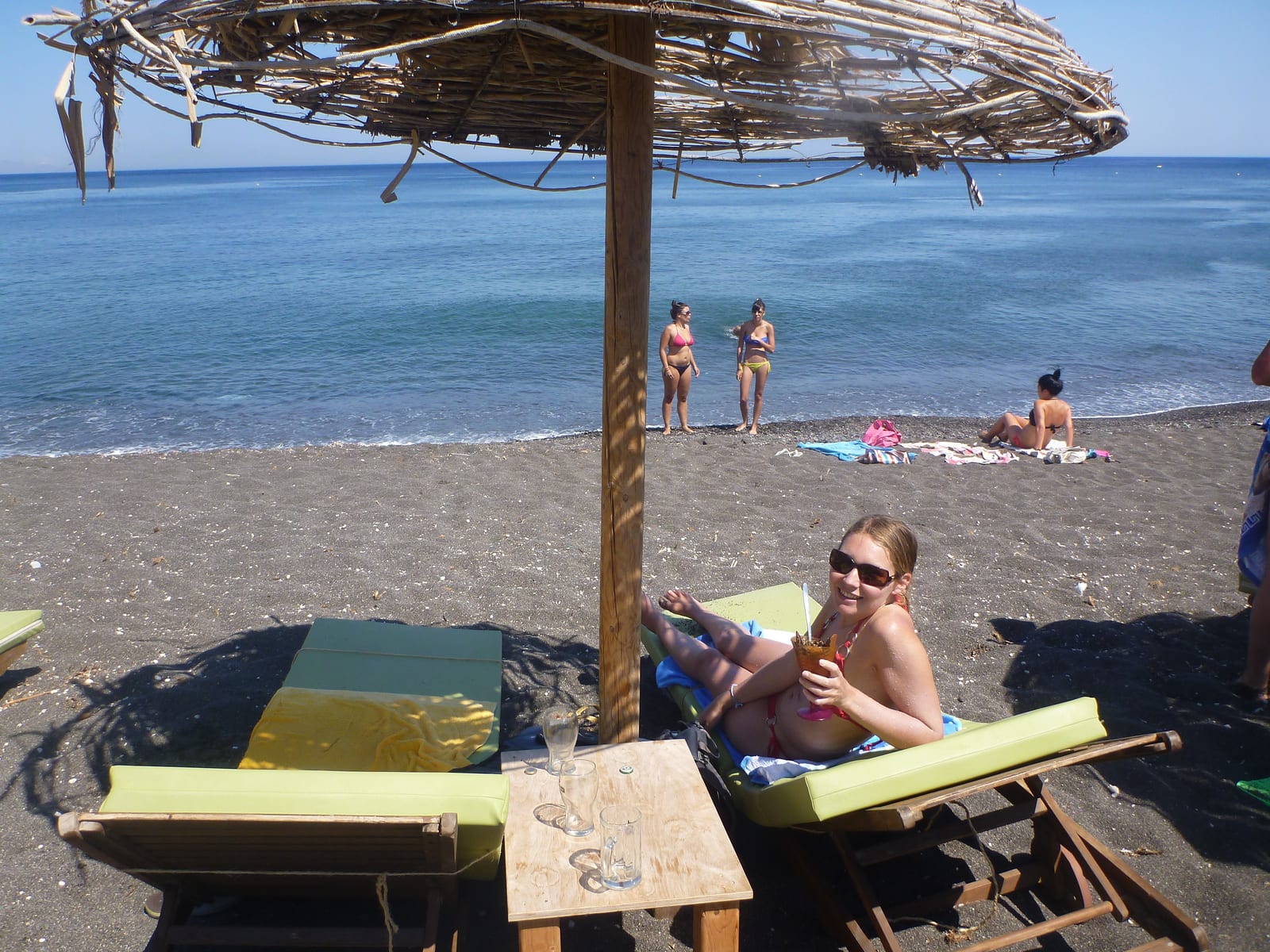 Perissa Beach sun loungers, Santorini, Greece