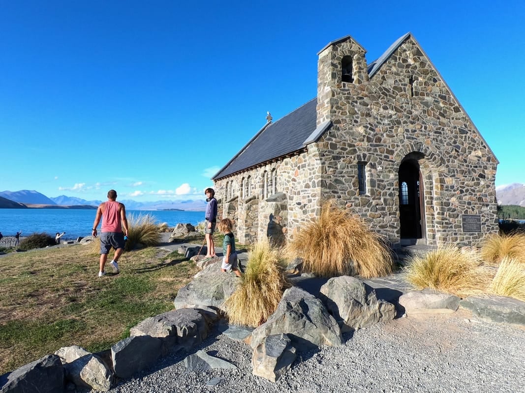 World Travel Ambitions family at Church of the Good Shepherd, Lake Tekapo, New Zealand